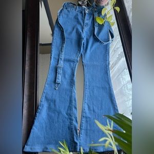Suspender Flare Bell Bottom Jeans, Jeans pantalones Acampanados con Sujetadores